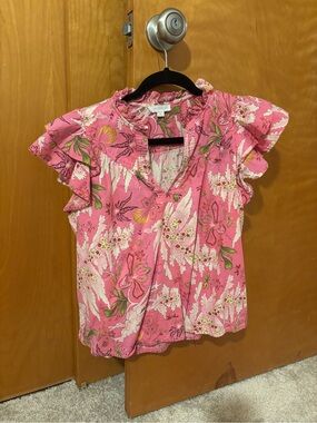Floral Ruffle-Sleeve Pink Blouse with V-Neck